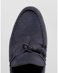 Asos Tassel Loafers In Navy Faux Suede With Fringe
