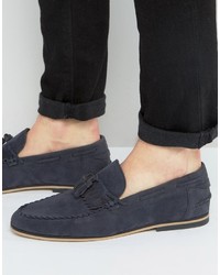 Asos Tassel Loafers In Navy Faux Suede With Fringe