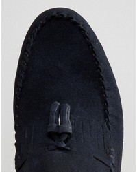 Asos Tassel Loafers In Navy Suede With Fringe And Natural Sole