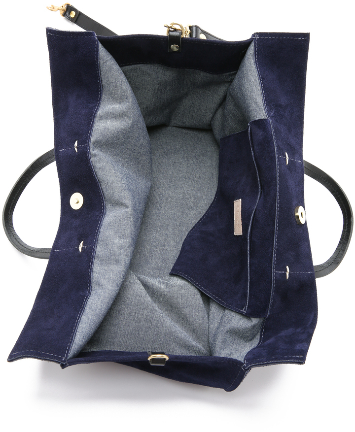 Clare V Simple Tote in Navy with Evergreen and Cherry Stripe Suede