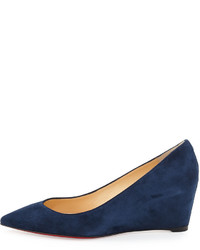 Christian Louboutin Pipina Suede 55mm Wedge Red Sole Pump Navy