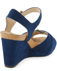 Taryn Rose Takie Suede Double Strap Wedge Sandal Medium Blue