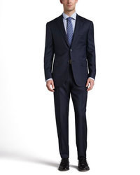 Isaia Tic Weave Tonal Striped Suit Navy