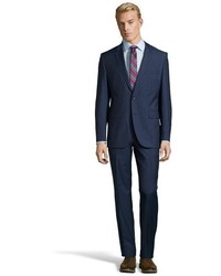 Hugo Boss Medium Blue Microcheck Super 100s Virgin Wool 2 Button James 3 Sharp 5 Suit With Flat Front Pants