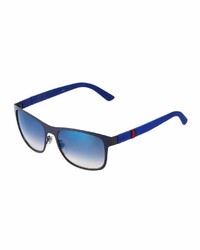 Gucci Two Tone Square Plastic Sunglasses W Web Arms Blue