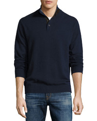 Neiman Marcus Cashmere Button Neck Sweater Midnight