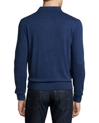 Neiman Marcus Cashmere Long Sleeve Polo Sweater Royal Navy Melange