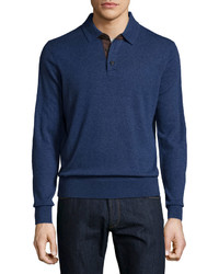 Neiman Marcus Cashmere Long Sleeve Polo Sweater Royal Navy Melange