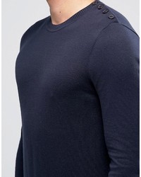 Asos Cotton Sweater With Button Shoulder In Navy Cotton