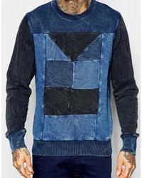 Diesel Crew Sweatshirt S Joe Ac Cut Sew Contrast Indigo Panels