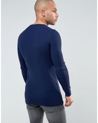 Asos Longline Muscle Fit Ribbed Sweater In Navy