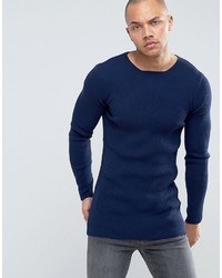 Asos Longline Muscle Fit Ribbed Sweater In Navy