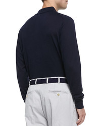 Peter Millar Silk Blend Long Sleeve Polo Sweater Navy