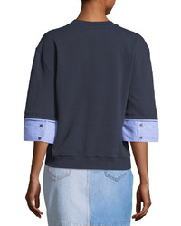Derek Lam 10 Crosby Crewneck Half Sleeve Wool Blend Sweatshirt W Shirting Cuffs