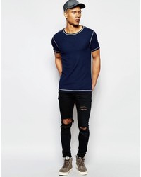 Asos Brand Muscle T Shirt In Fine Waffle With Contrast Flatlock In Navy