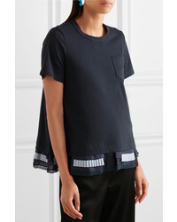 Sacai Lace Poplin And Shell Trimmed Cotton Jersey T Shirt Navy