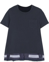 Sacai Lace Poplin And Shell Trimmed Cotton Jersey T Shirt Navy