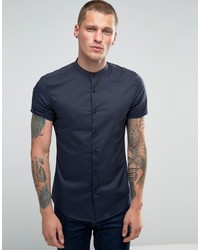 Asos Skinny Shirt In Navy Tonic With Grandad Collar