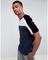 Asos T Shirt With Velour Panelling In Navy