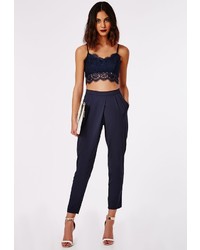 Missguided Louisa Pleat Front Tapered Leg Trousers Navy