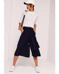 Missguided Textured Wide Leg Belted Culottes Navy