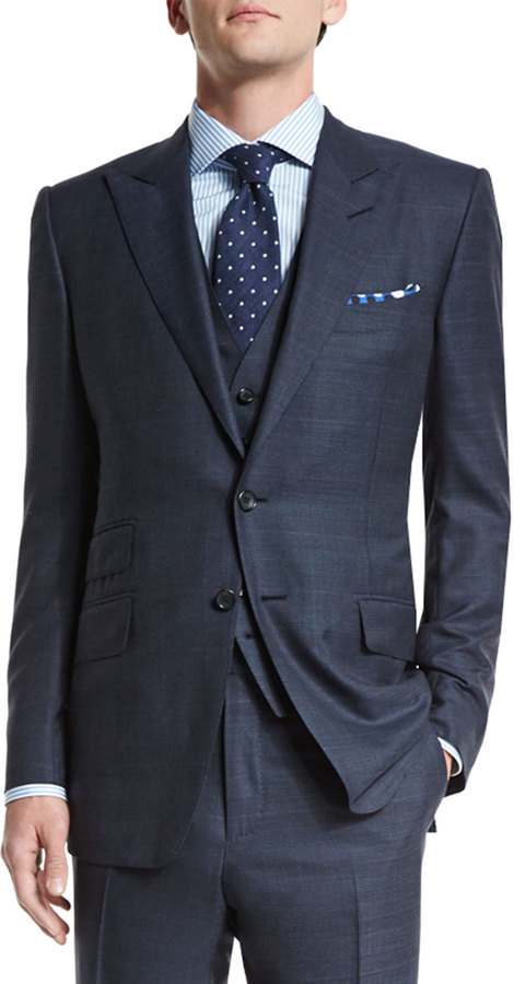 Tom Ford Oconnor Base Prince Of Wales Three Piece Suit Navy, $6,440 |  Neiman Marcus | Lookastic