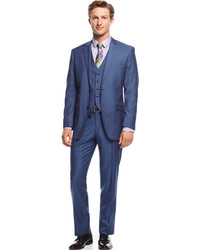 Perry Ellis Portfolio Blue Sharkskin Vested Slim Fit Suit