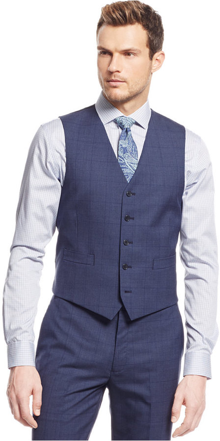 Ryan Seacrest Distinction Navy Vested Windowpane Slim Fit Suit