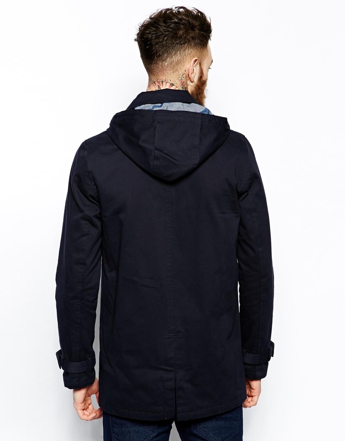 Asos Brand Hooded Trench Coat In Navy, $118 | Asos | Lookastic