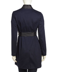French Connection Inverted Collar Faux Leather Trimmed Trench Coat Navy