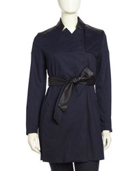 French Connection Inverted Collar Faux Leather Trimmed Trench Coat Navy