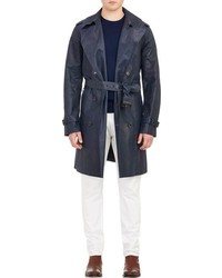 Ralph Lauren Black Label Leather Double Breasted Trench Coat Blue