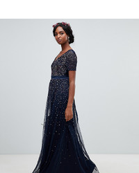 Maya Tall V Neck Maxi Tulle Dress With Contrast Tonal Delicate Sequins In Navy Multi