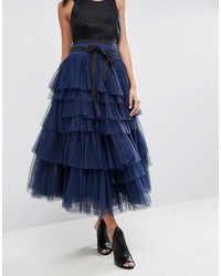 Asos Tulle Midi Prom Skirt With Tiers And Tie Waist