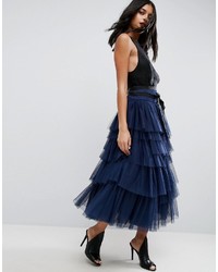 Asos Tulle Midi Prom Skirt With Tiers And Tie Waist