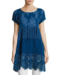 Johnny Was Arva Short Sleeve Tiered Georgette Tunic Blue