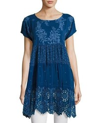 Johnny Was Arva Short Sleeve Tiered Georgette Tunic Blue