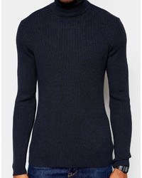 Asos Brand Muscle Fit Ribbed Roll Neck In Navy