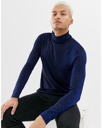 Night Addict Metallic Roll Neck Jumper In Navy