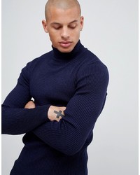 ASOS DESIGN Muscle Fit Ribbed Roll Neck Jumper In Navy