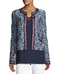 St. John Collection Asha Tweed Knit Zip Front Jacket Blue Pattern