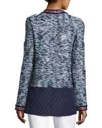 St. John Collection Asha Tweed Knit Zip Front Jacket Blue Pattern