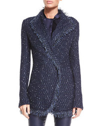St. John Collection Glazed Luxe Tweed Knit Soft Jacket W Knit Fringe Trim