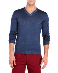 Sand Blue V Neck Wool Sweater
