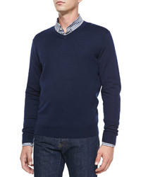 Neiman Marcus Cashmere Silk V Neck Sweater Navygray