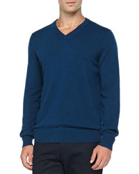 Vince Cashmere V Neck Pullover Sweater Blue