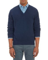 Barneys New York Cashmere V Neck Pullover Sweater Blue