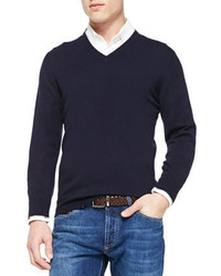 Brunello Cucinelli Cashmere V Neck Pullover Sweater Navy