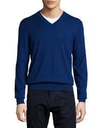 Neiman Marcus Cashmere V Neck Sweater Dark Blue