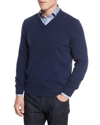 Neiman Marcus Cashmere V Neck Sweater Navy